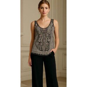 Tahari  Womens 100% Silk Crushed Velvet Floral Sleeveless Top Black & Pink Small